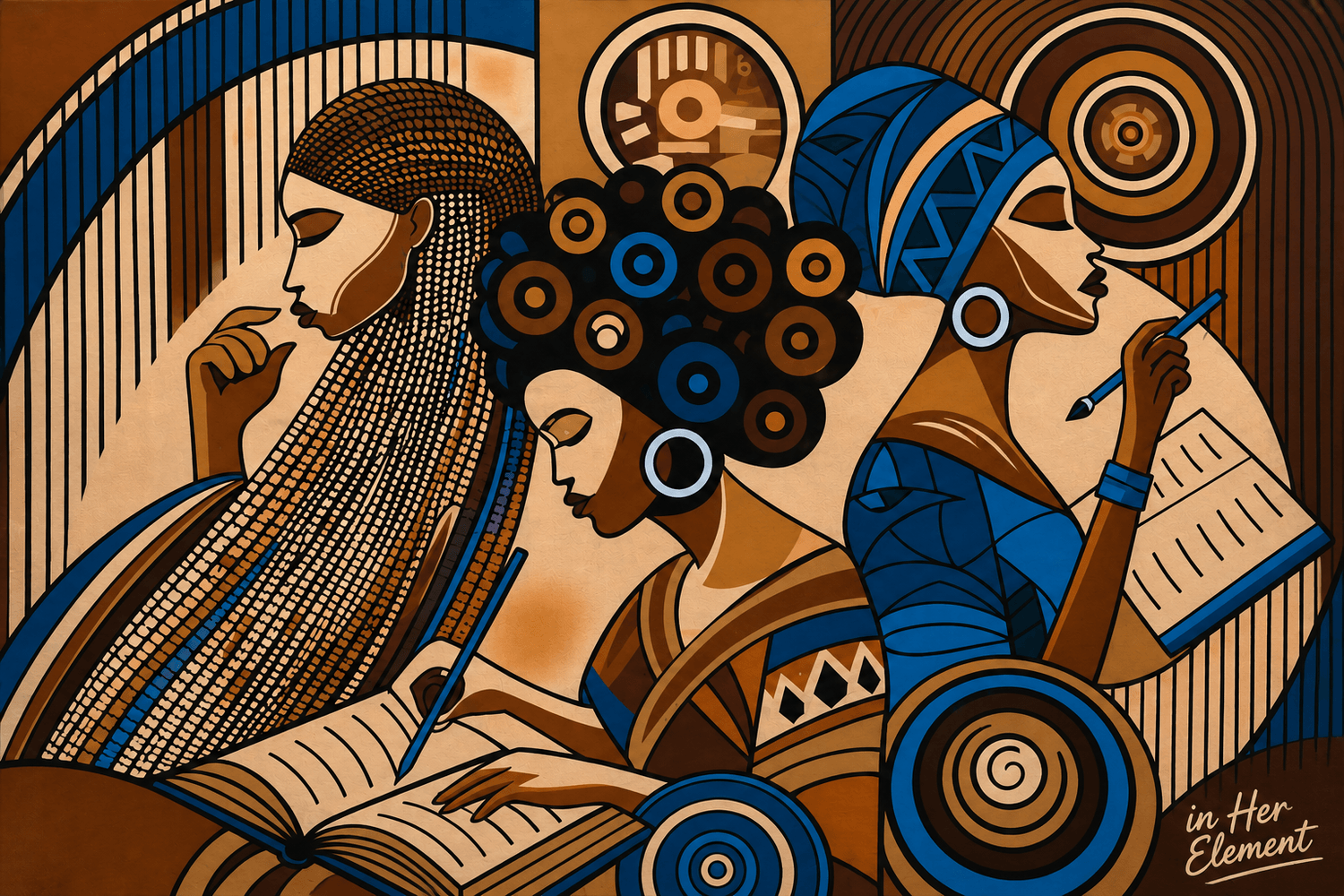 The 'In Her Element' artwork — three women reading, thinking and creating